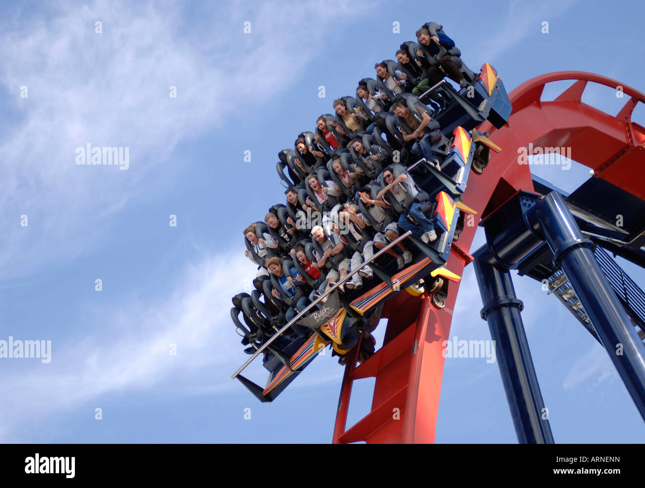 The Shiekra rollercoaster with thrill seekers aboard at the top of Vertical Drop at Busch Gardens, Tampa Florida, USA Stock Photo