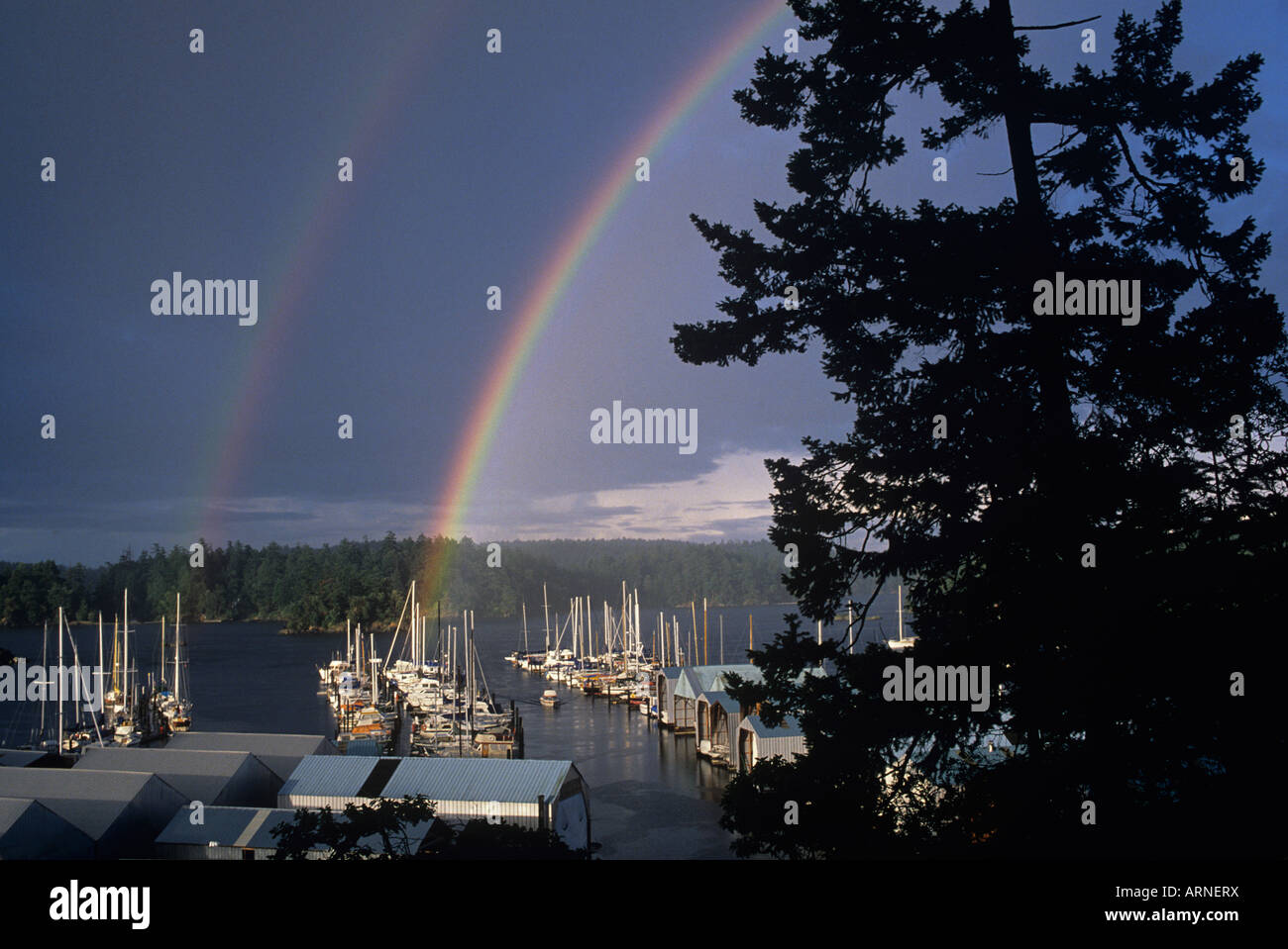 Double rainbow at Canoe Cove marina, Sidney, Vancouver Island, British