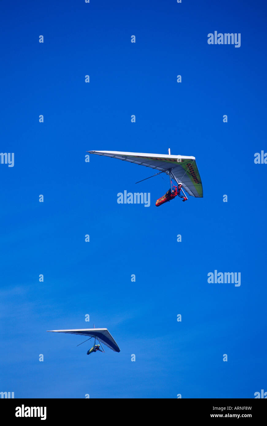 Hang gliders in flight on blue sky, British Columbia, Canada. Stock Photo