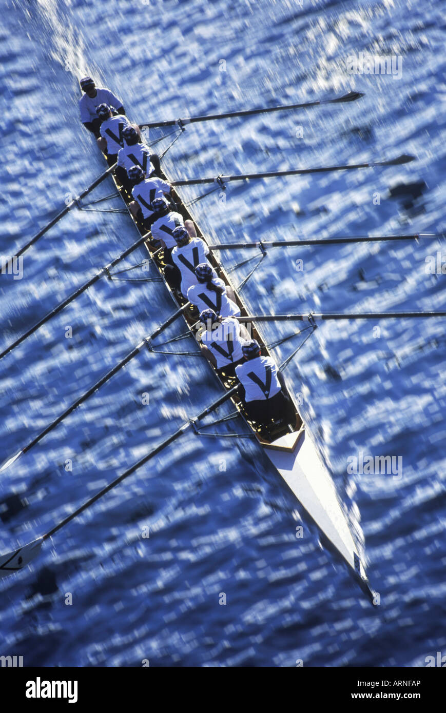 Men's eight rowing skull, v on sweater, British Columbia, Canada. Stock Photo