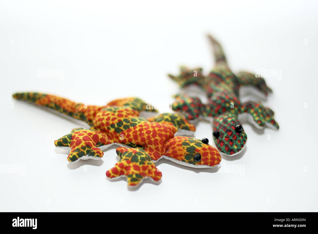 Two coloured sand-filled lizards on a white background Stock Photo