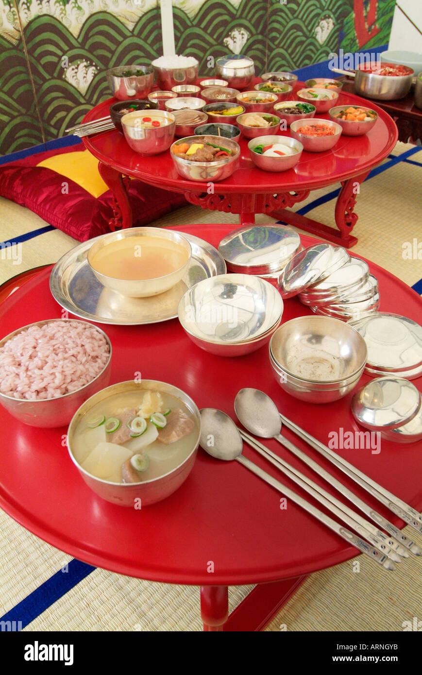 Korean Korea royal banquet red table spoon bowl prepare orient east