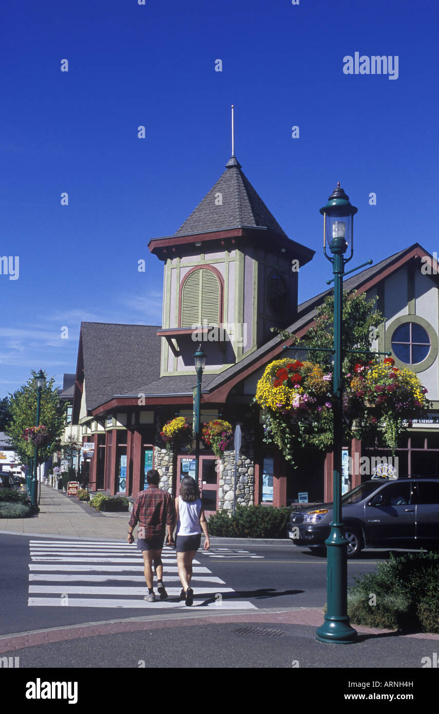 Qualicum Beach Business district with floral displays, Vancouver Island, British Columbia, Canada. Stock Photo