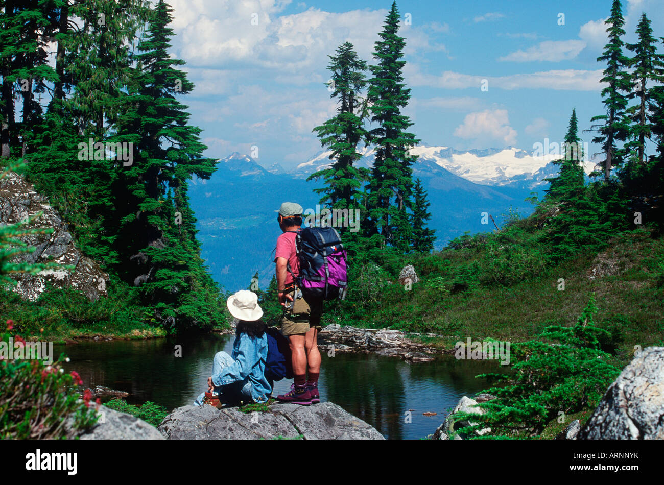 Couple hikes in alpine meadow atop Whistler, Whistler, British Columbia, Canada. Stock Photo