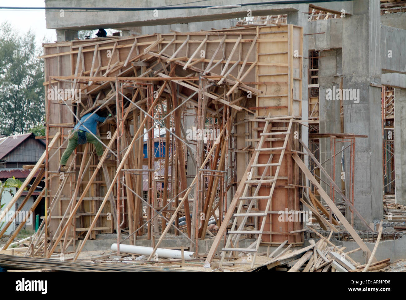 bamboo, scaffolding, being, used, on , construction, site, building