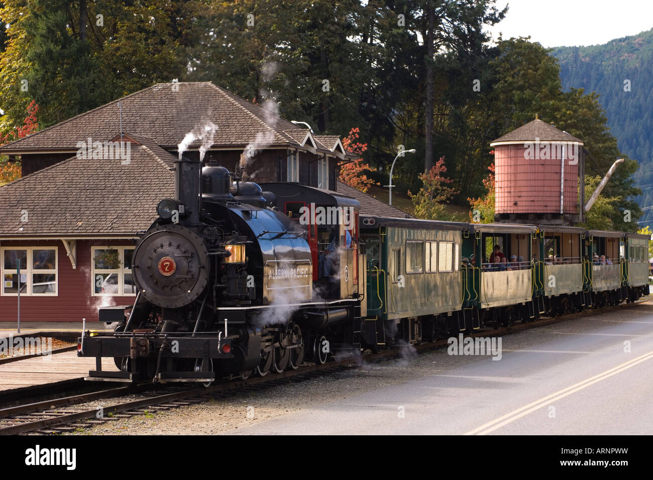 Alberni Pacific Railway steam locomotive, which runs to McLean Mill, Port Alberni, Vancouver Island, British Columbia, Canada. Stock Photo