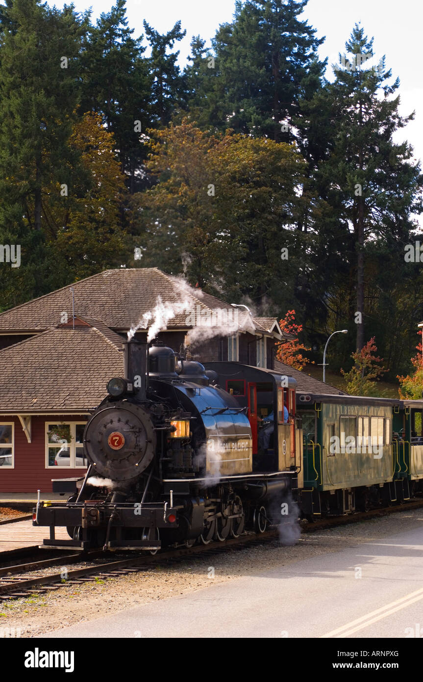 Alberni Pacific Railway steam locomotive, which runs to McLean Mill, Port Alberni, Vancouver Island, British Columbia, Canada. Stock Photo