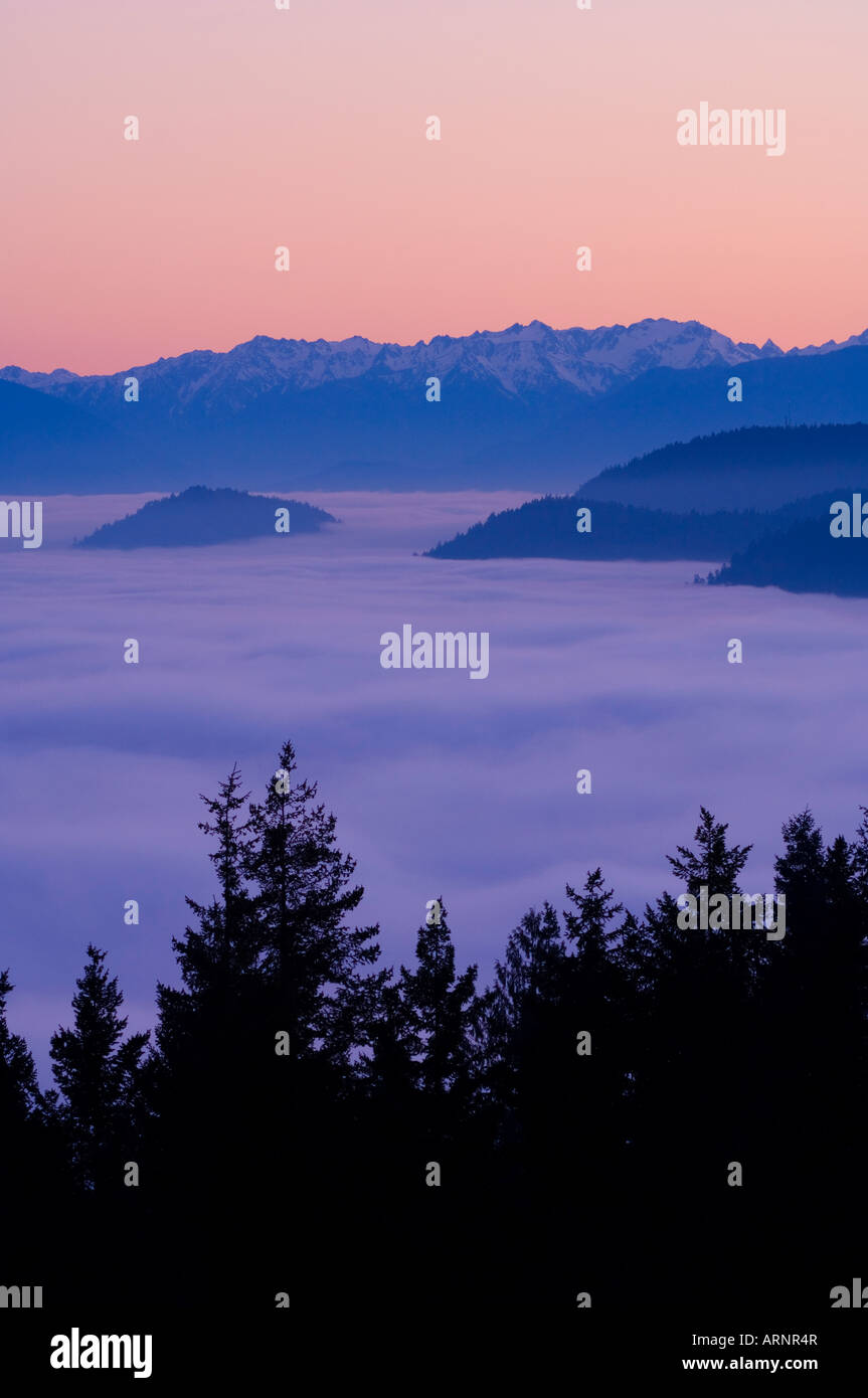 Malahat lookout over Finlayson Arm, north of Victoria at sunset with fog below hilltops, Vancouver Island, British Columbia, Can Stock Photo