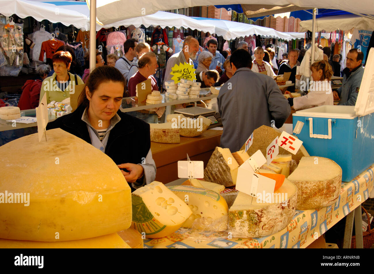 France Southwest Moissac Cheese stall in the Saturday market They sell vast quantities of excellent cheese cheaply Stock Photo