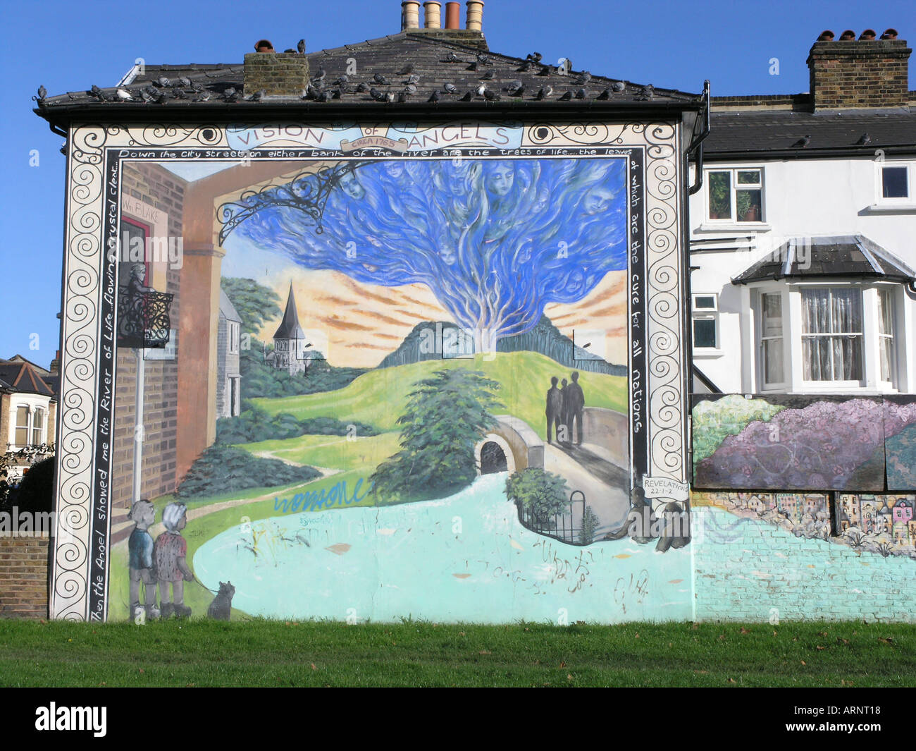 Mural commemorating William Blake who saw a vision of angels in a tree on Peckham Rye. Adys Road, Peckham, London UK Stock Photo