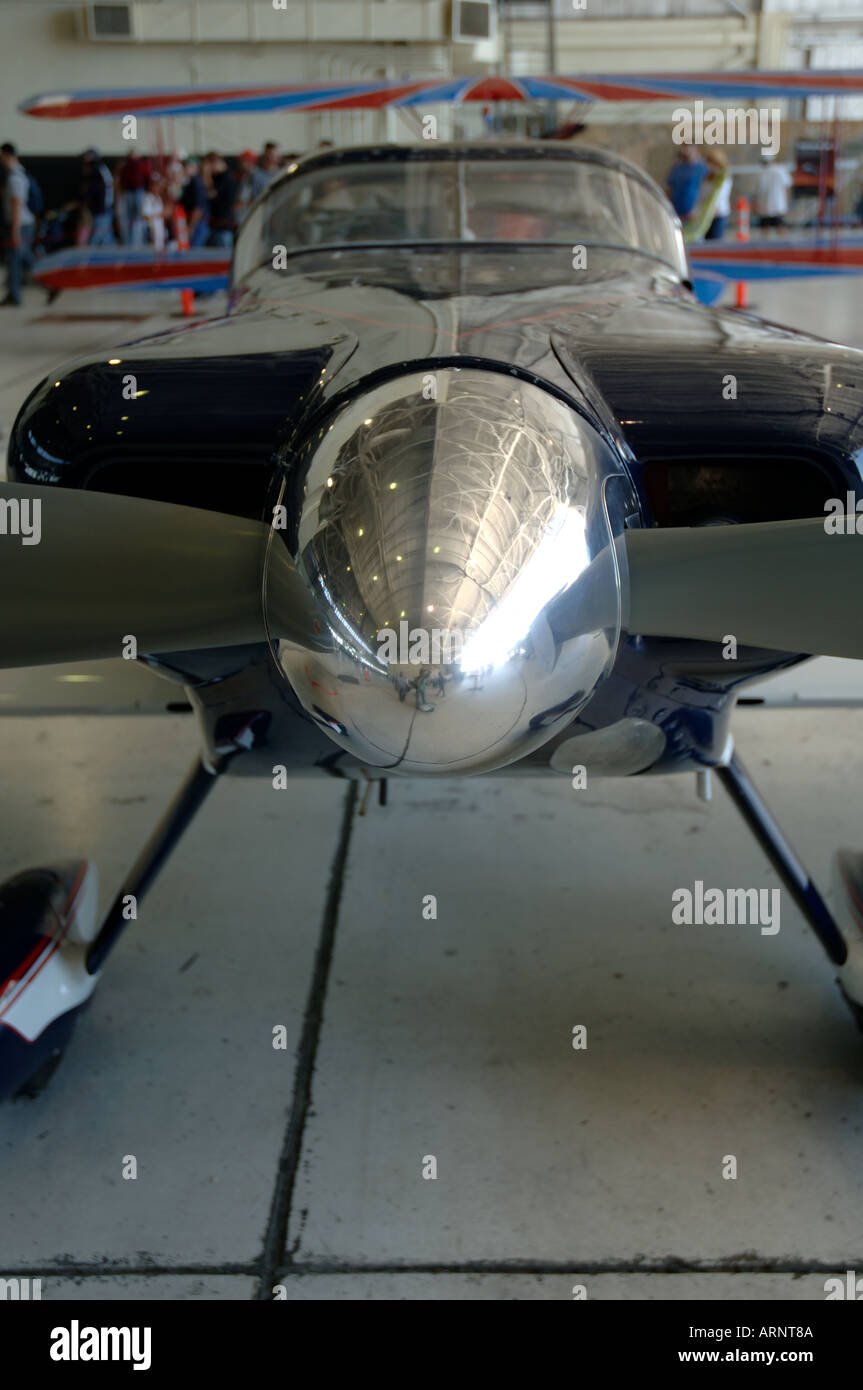 Small aircraft on display inside hangar at Edwards Air Force Base Open ...