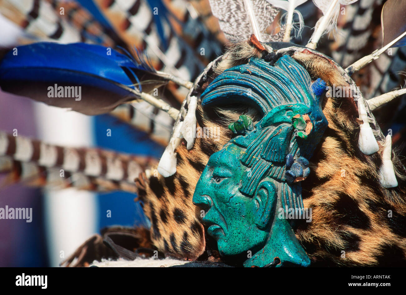 Mexico City, Zocalo, traditional aztec headdress at Metropolitan Cathedral Stock Photo
