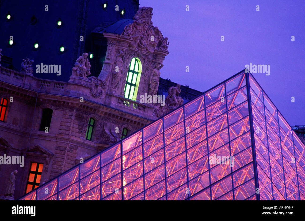 France, Paris, The Louvre, pyramid by EM Pei and Richeleau wing Stock Photo