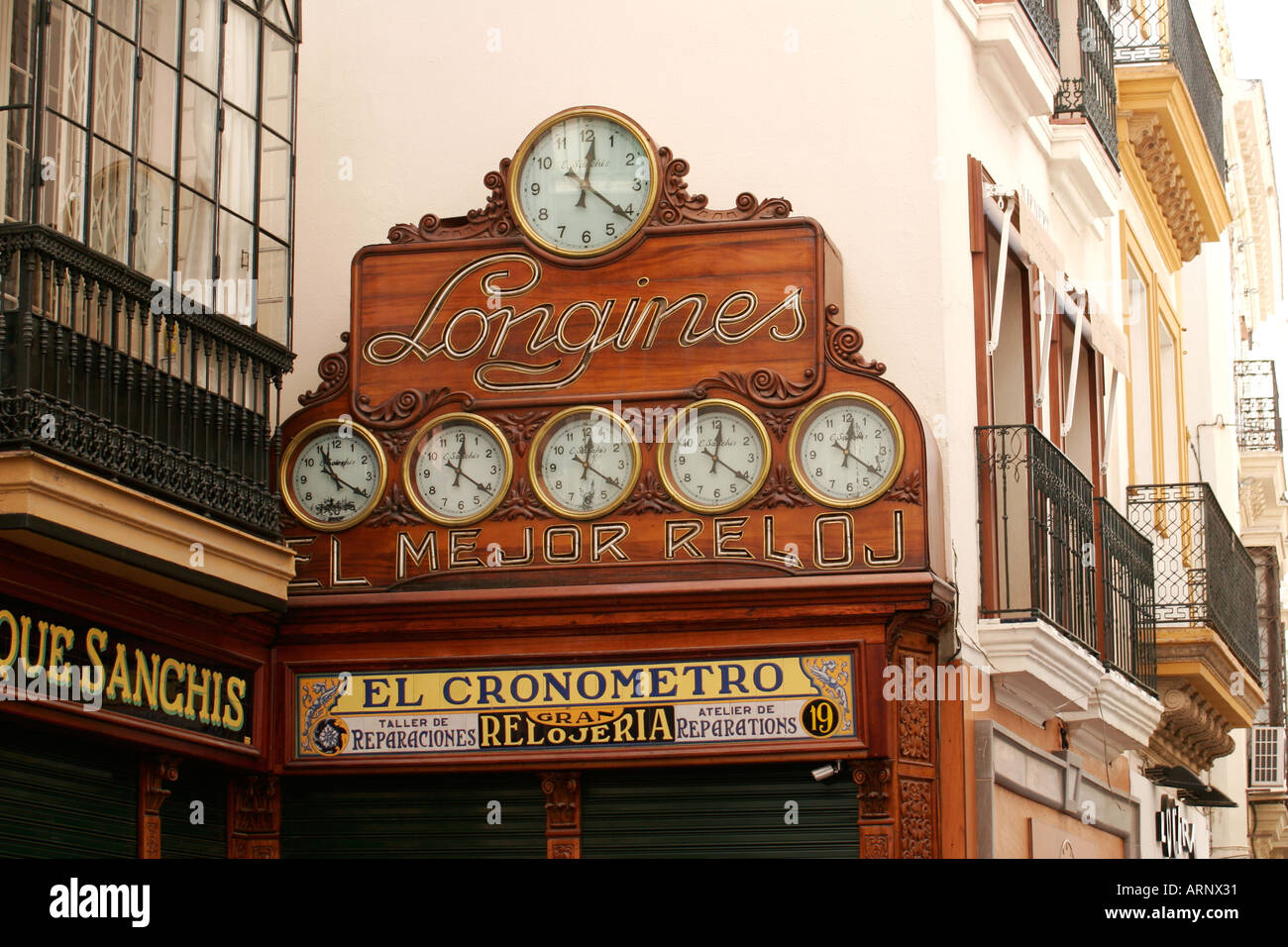 Famous Longines clocks on Calle de las Sierpes in Seville Spain Stock