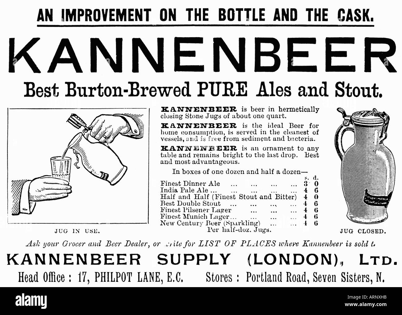 Kannenbeer, 1900 advertisement for a remarkably prescient way of selling Burton ale and beer in sealed stone jugs Stock Photo