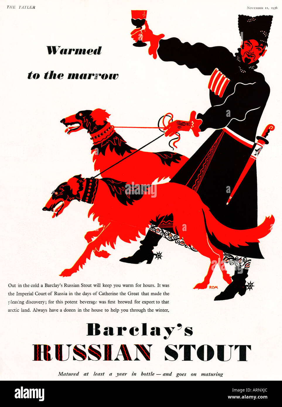 Barclays Russian Stout, 1930s advert for the English bottled beer as supplied to the Imperial Court of Catherine the Great Stock Photo