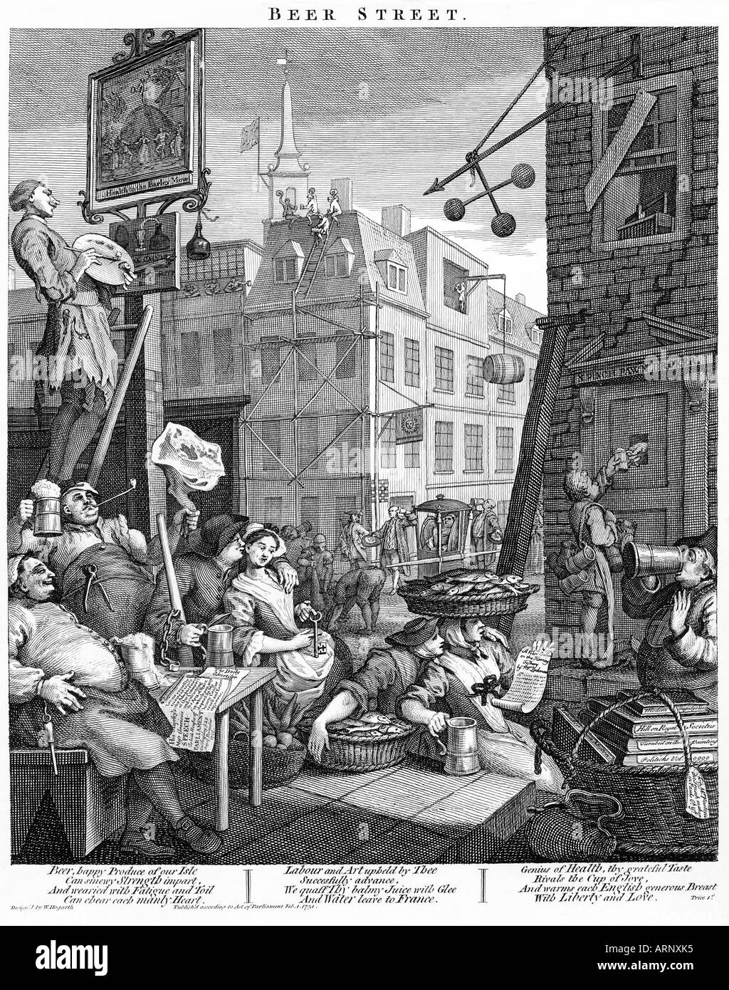 Beer Street William Hogarth 3rd state of the famous 1751 engraving produced to extol the healthy consumption of beer Stock Photo