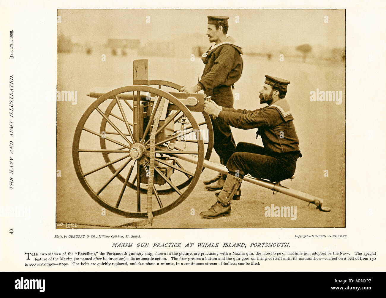 Naval Gun Practice with a Maxim gun at the Naval gunnery school on Whale Island Portsmouth in 1896 Stock Photo