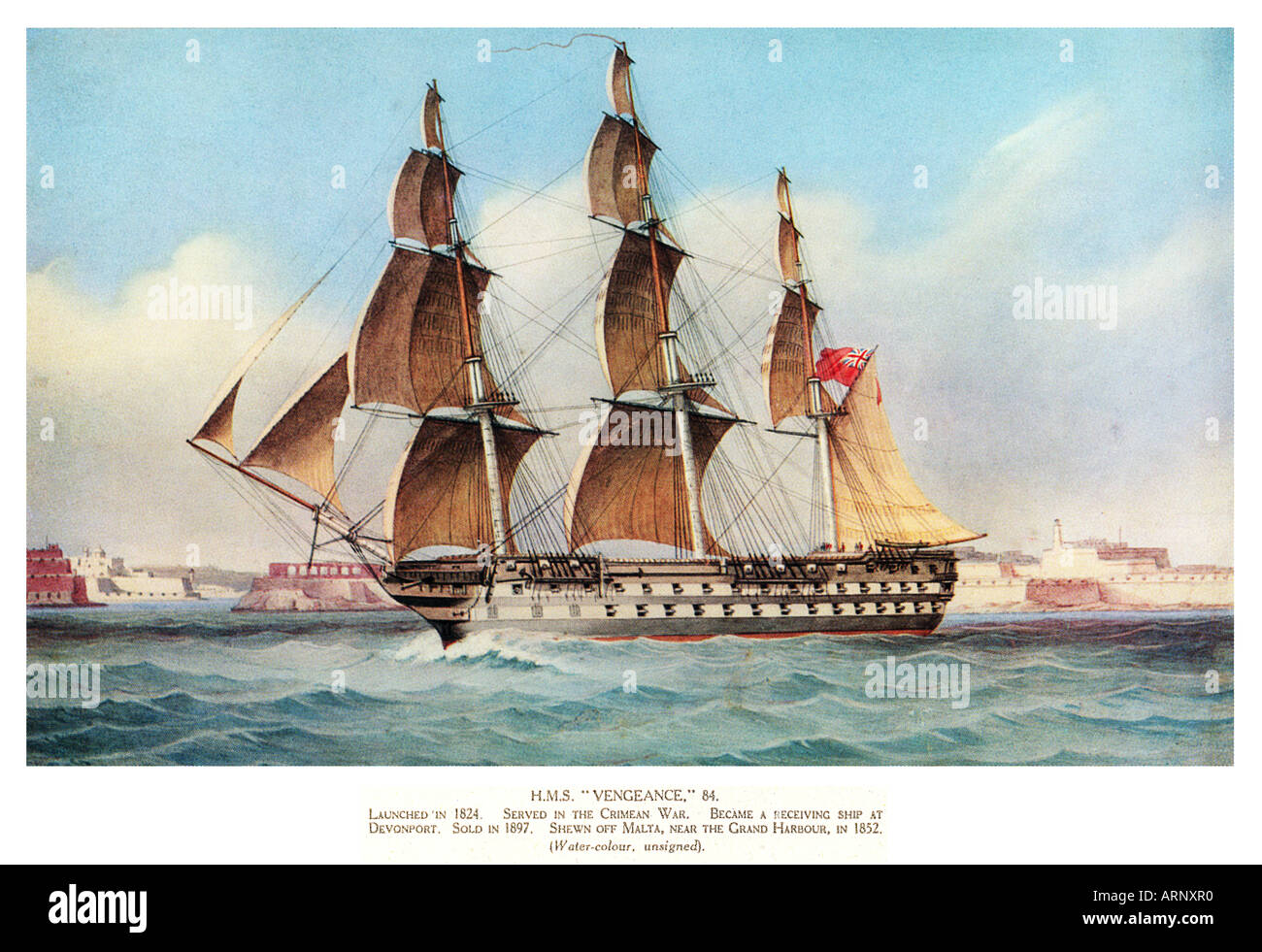 HMS Vengeance Contemporary watercolour of the battleship launched in 1824 off Malta in 1852 Stock Photo