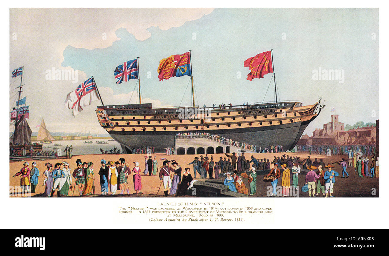 The Launch of HMS Nelson 1814 at Woolwich given engines in 1859 and presented to Victoria Australia in 1867 Stock Photo