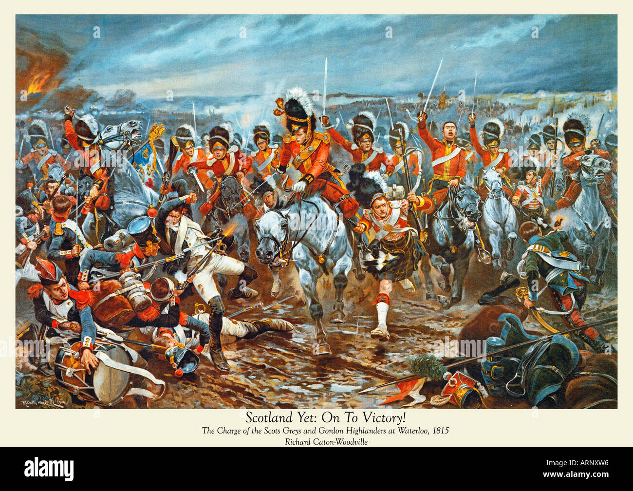 Scotland Yet On To Victory the charge of the Scots Greys and Gordon Highlanders at the Battle of Waterloo 1815 Stock Photo