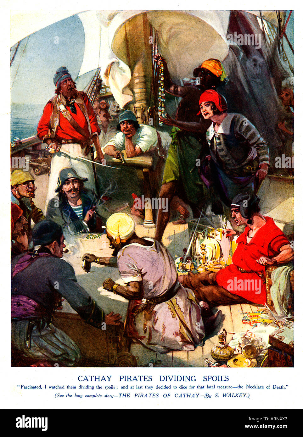 Cathay Pirates Dividing Spoils 1920s boys magazine illustration of the pirates sorting out their loot Stock Photo