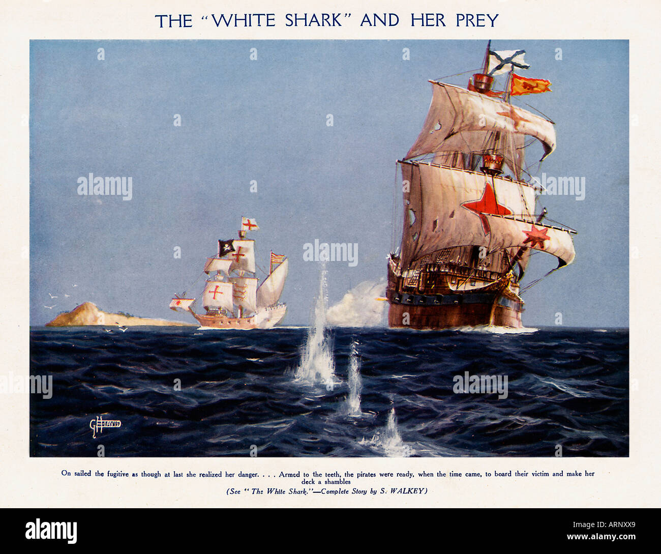 The White Shark And Her Prey 1920s boys comic book illustration of a pirate ship on the attack Stock Photo