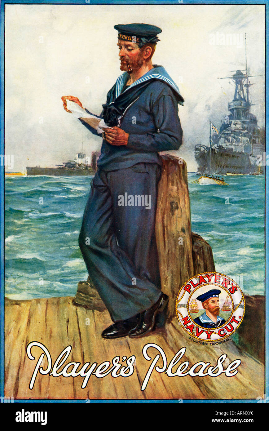 Players Jack Tar 1920s advert for Players Navy Cut tobacco featuring the iconic British sailor from HMS Invicncible Stock Photo