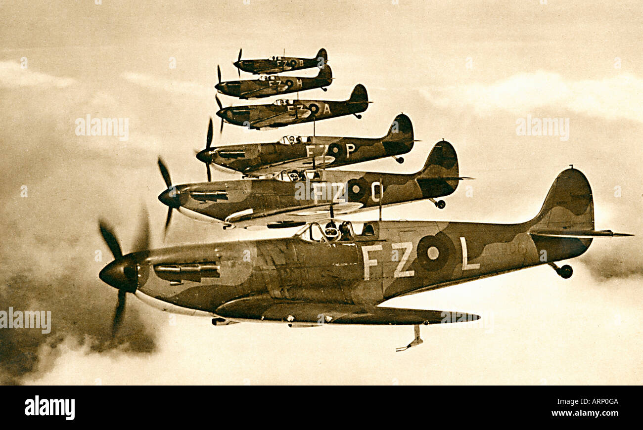 Spitfire 1939 photo of the iconic English fighter plane designed by Reginald Mitchell flying in formation Stock Photo