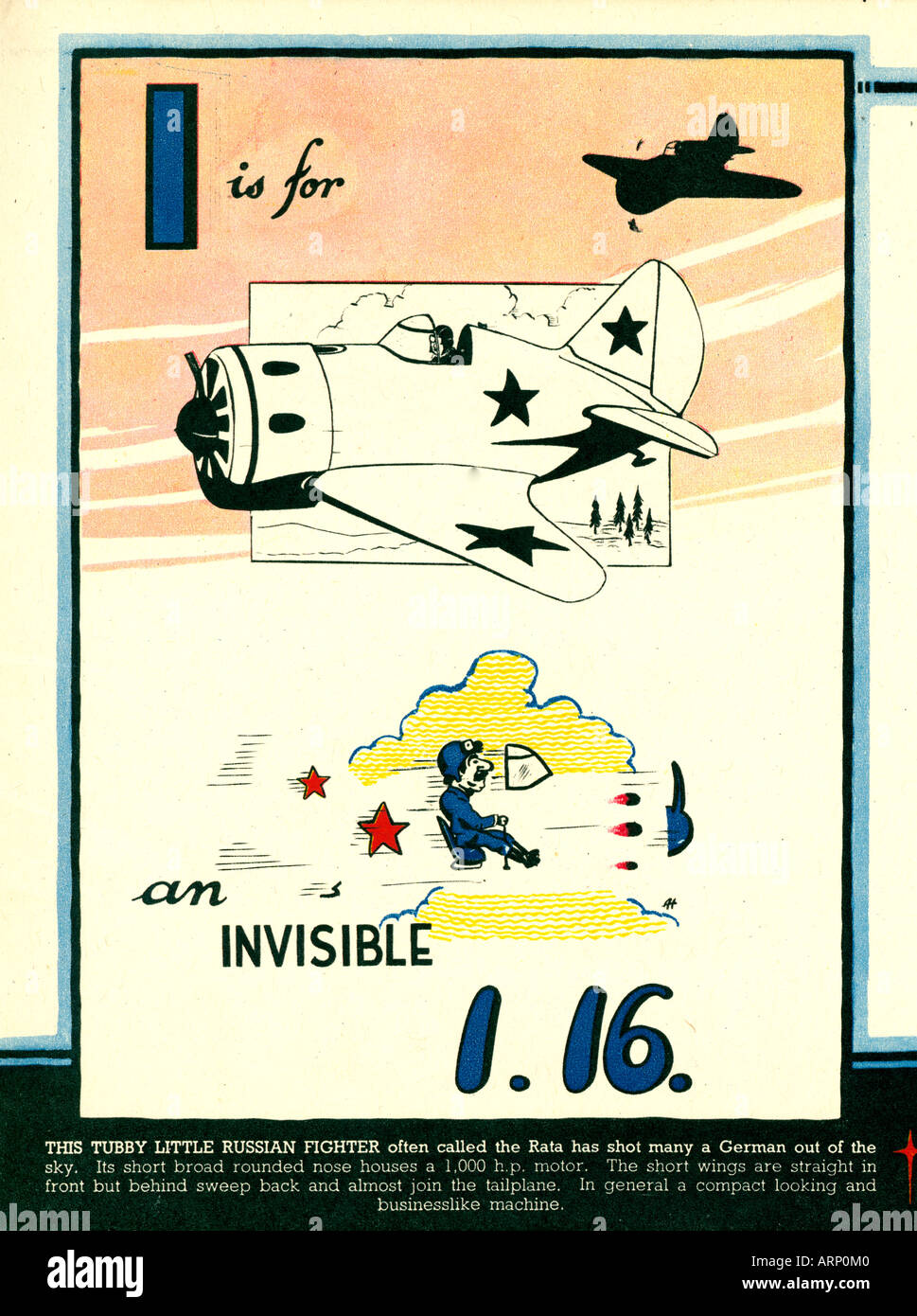 I is for I16 1943 English wartime childrens alphabet book of fighting airplanes the Russian fighter the Rata Stock Photo