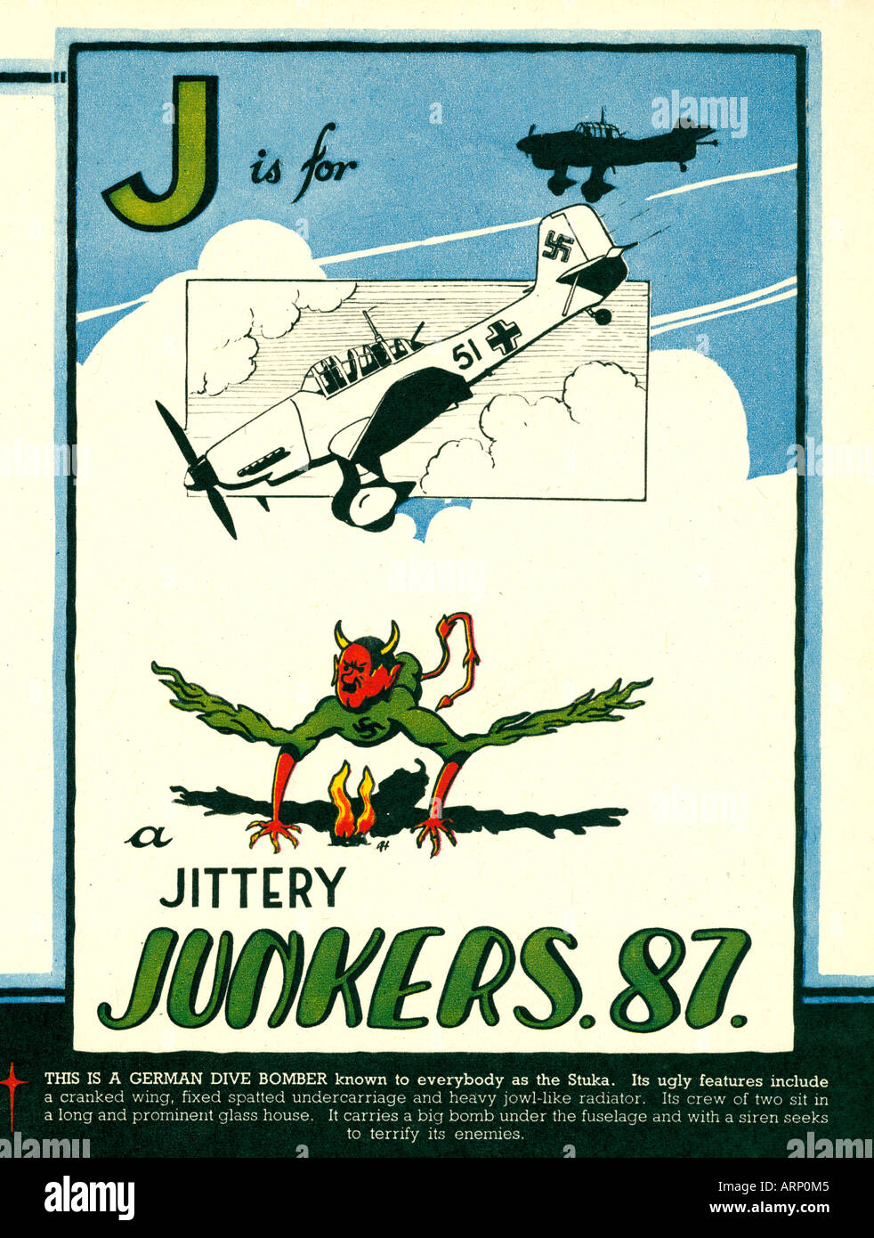 J is for Junkers 87 1943 English wartime childrens alphabet book of airplanes the German dive bomber aka the Stuka Stock Photo