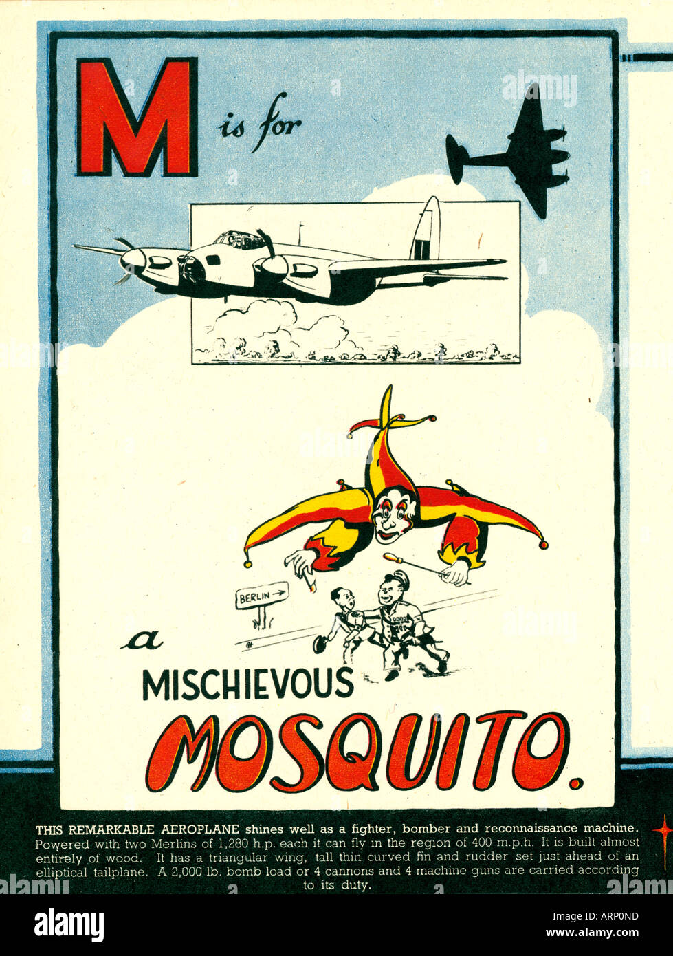 M is for Mosquito 1943 English wartime childrens alphabet book of airplanes the British fast fighter bomber Stock Photo