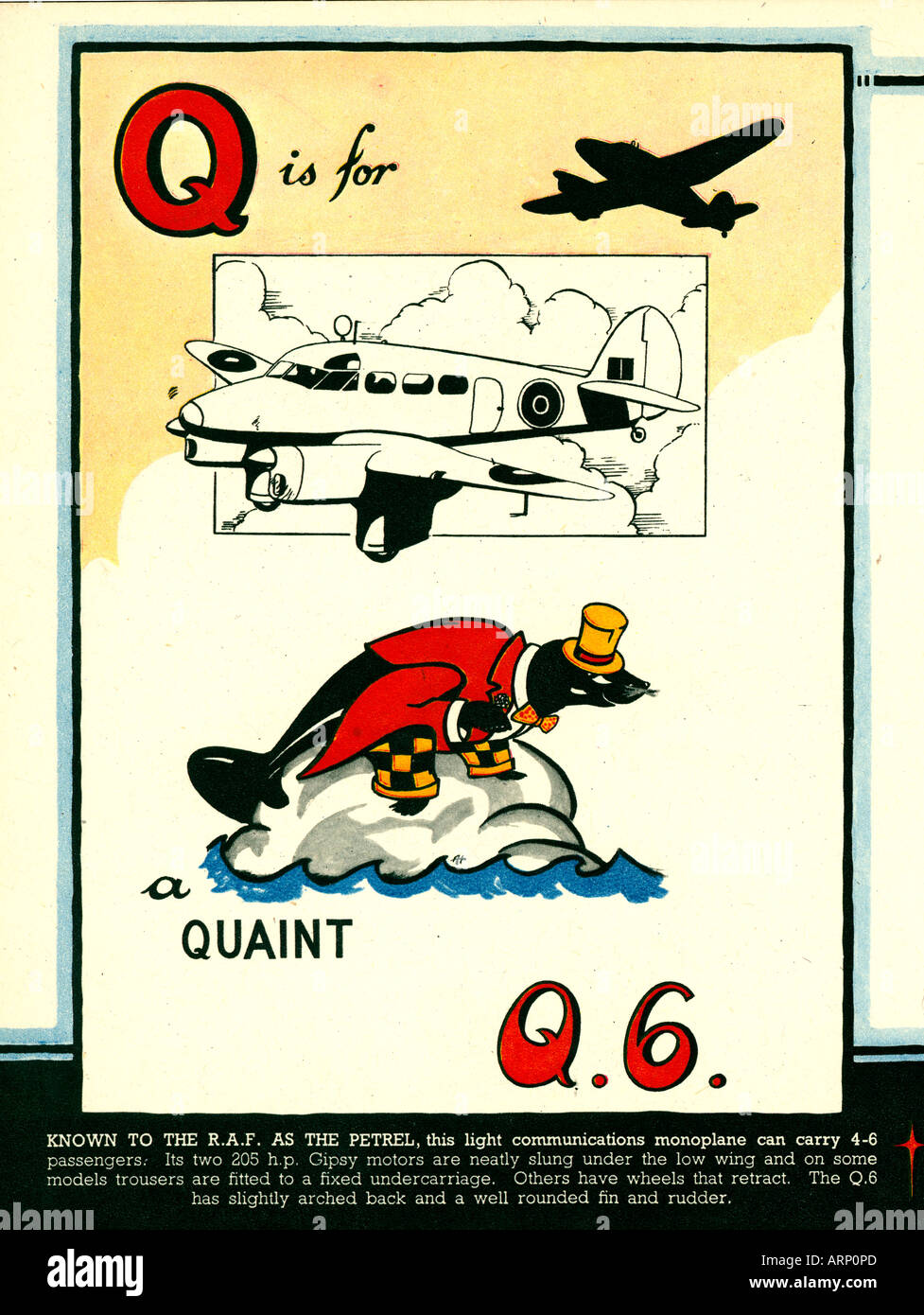 Q is for Q6 Petrel 1943 English wartime childrens alphabet book of airplanes the British light plane Stock Photo
