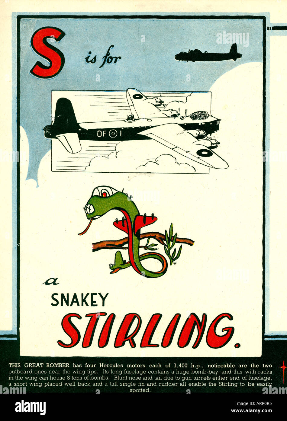S is for Stirling 1943 English wartime childrens alphabet book of airplanes the British heavy bomber as a snake Stock Photo