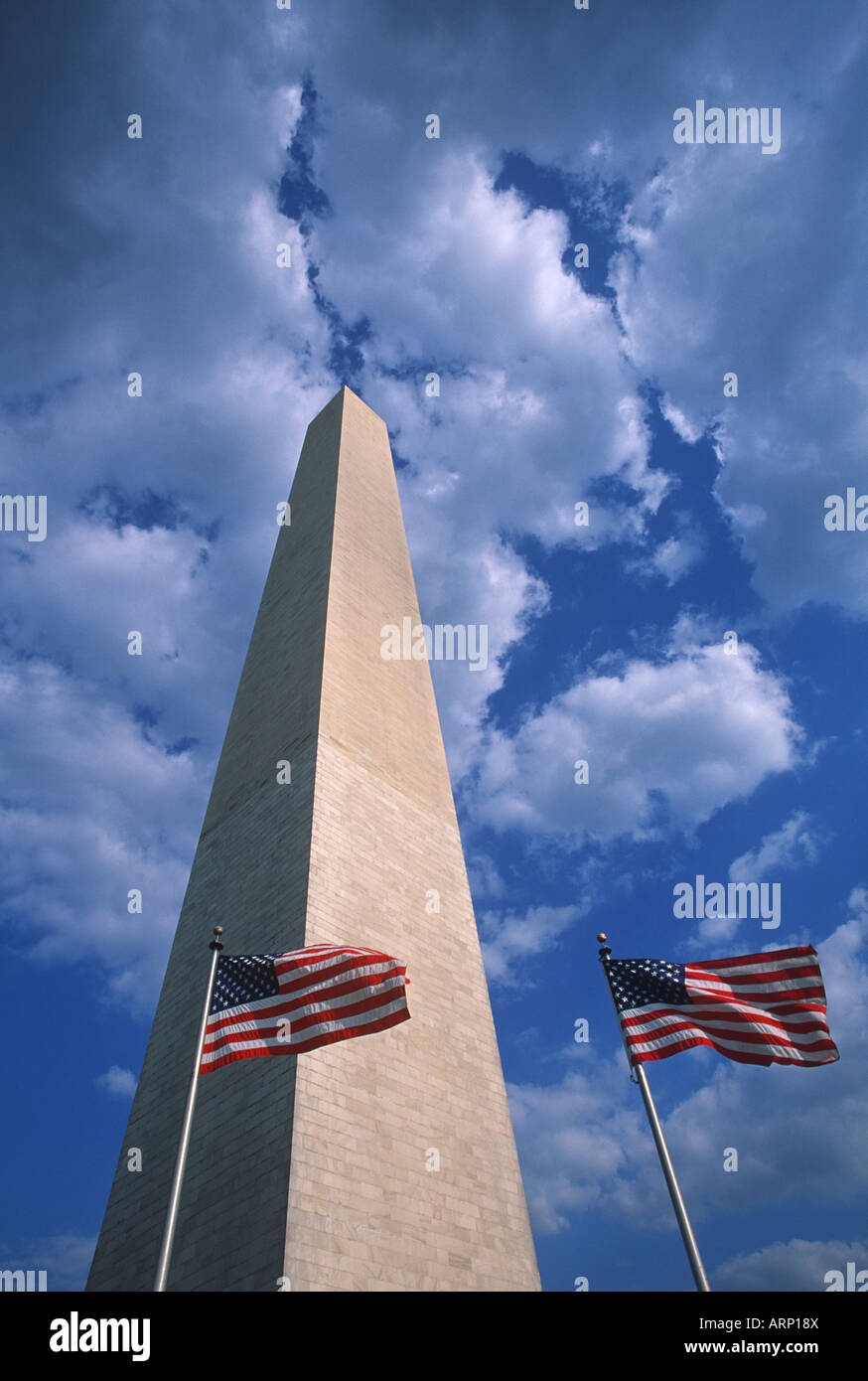 USA, Washington, DC, Washington Monument and US Flags Stock Photo