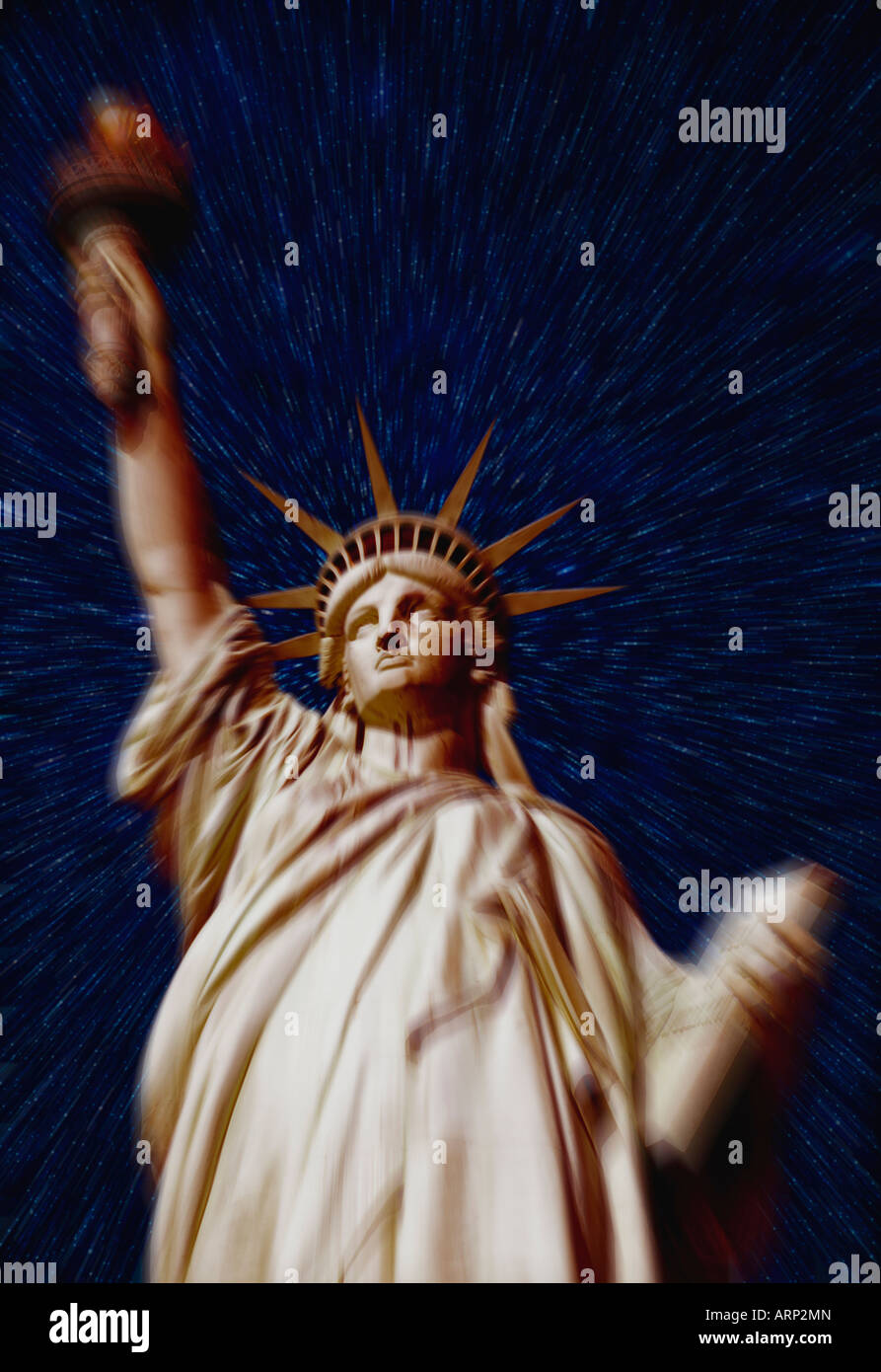 USA, New York City, Statue of Liberty, with star field, zoomed digital effect Stock Photo