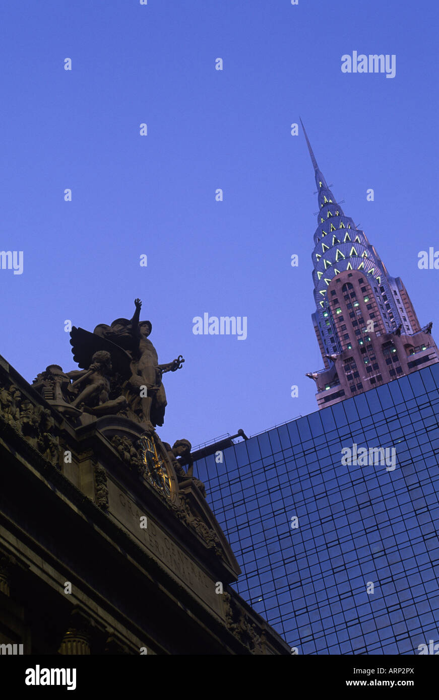 USA, New York City, Chrysler Building and Grand Central Station at twilight Stock Photo