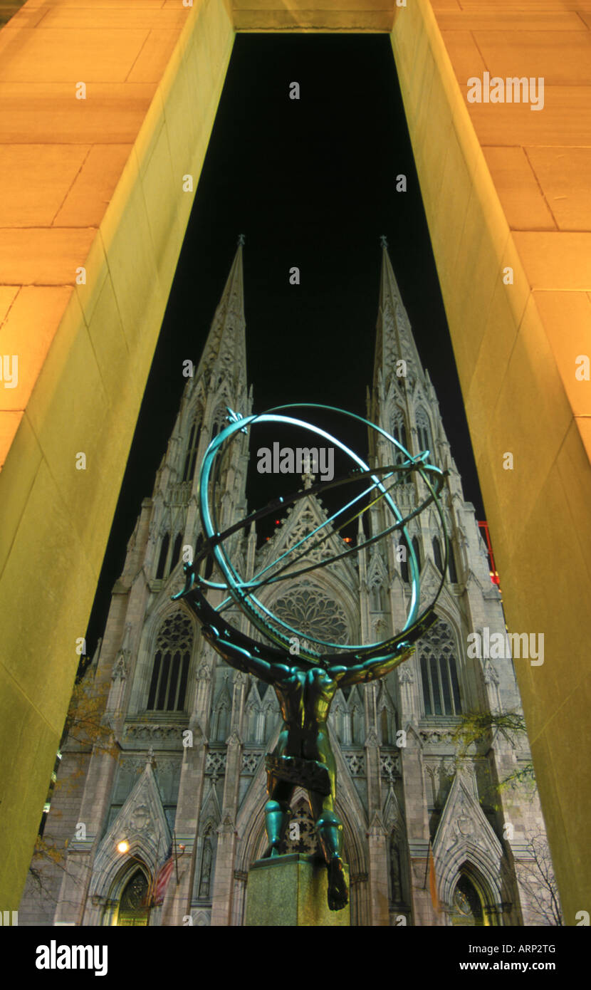 USA, New York City, Atlas Satue and St. Patrick's Cathedral at Rockefeller Center Stock Photo