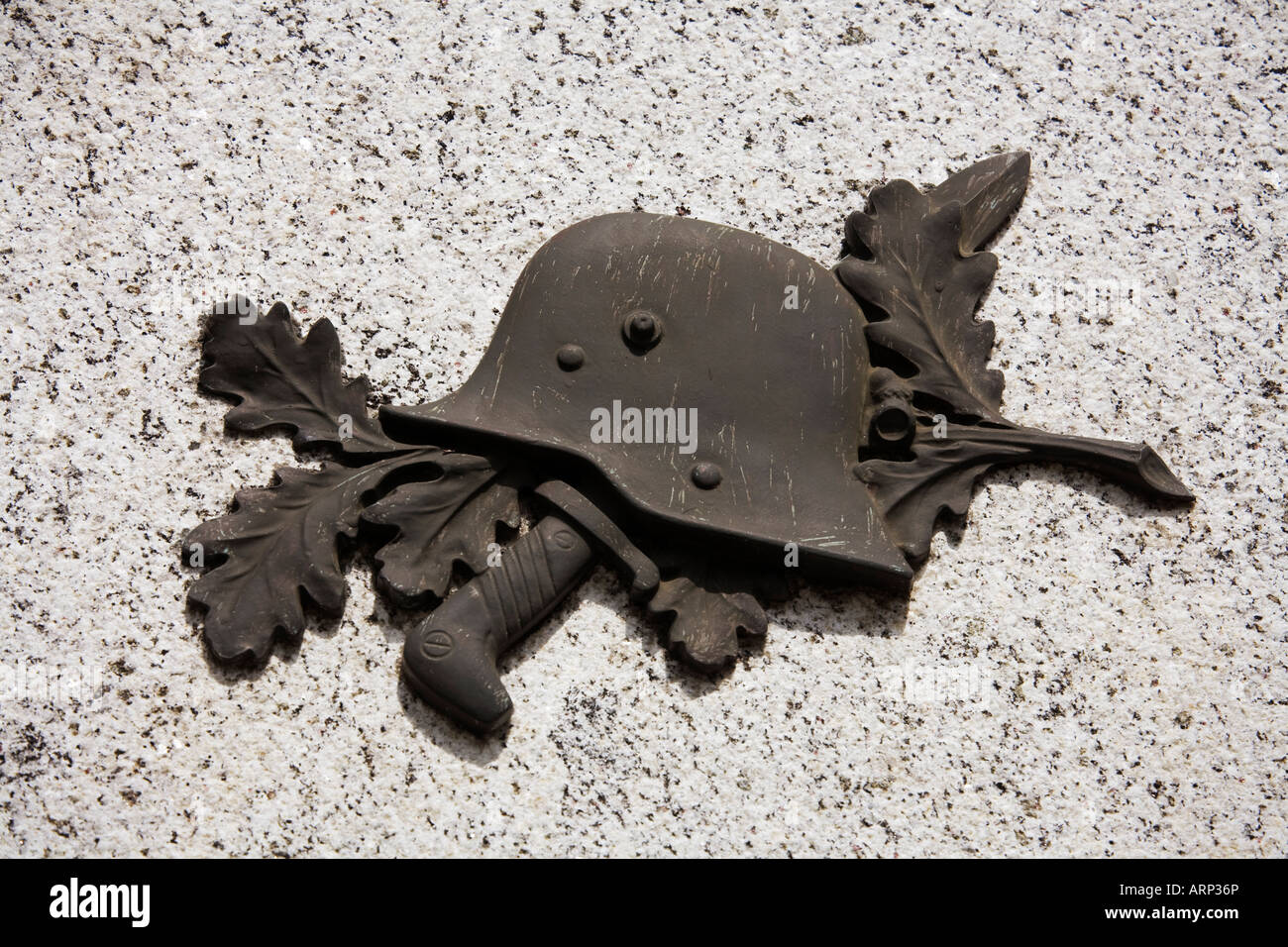 German helmet motif on war memorial Mauth Germany Stock Photo