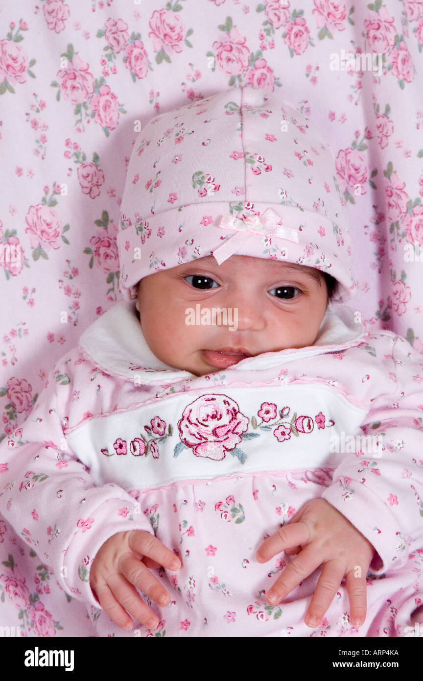 new born baby girl in pink Stock Photo
