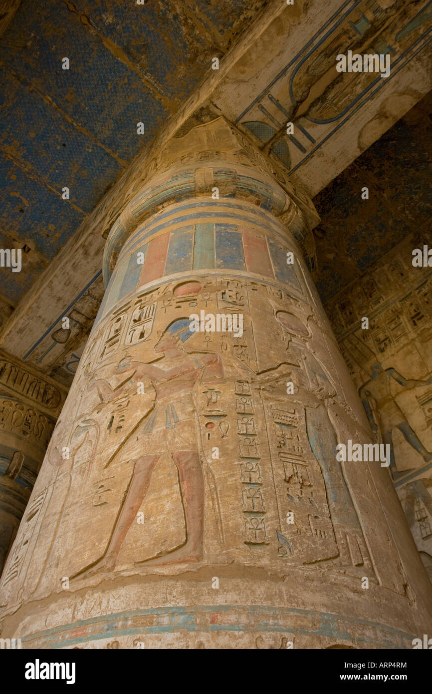 Columns with coloured portrait of pharaoh Ramses III at temple Medinat Habu West Bank Luxor Nile Valley Egypt Stock Photo