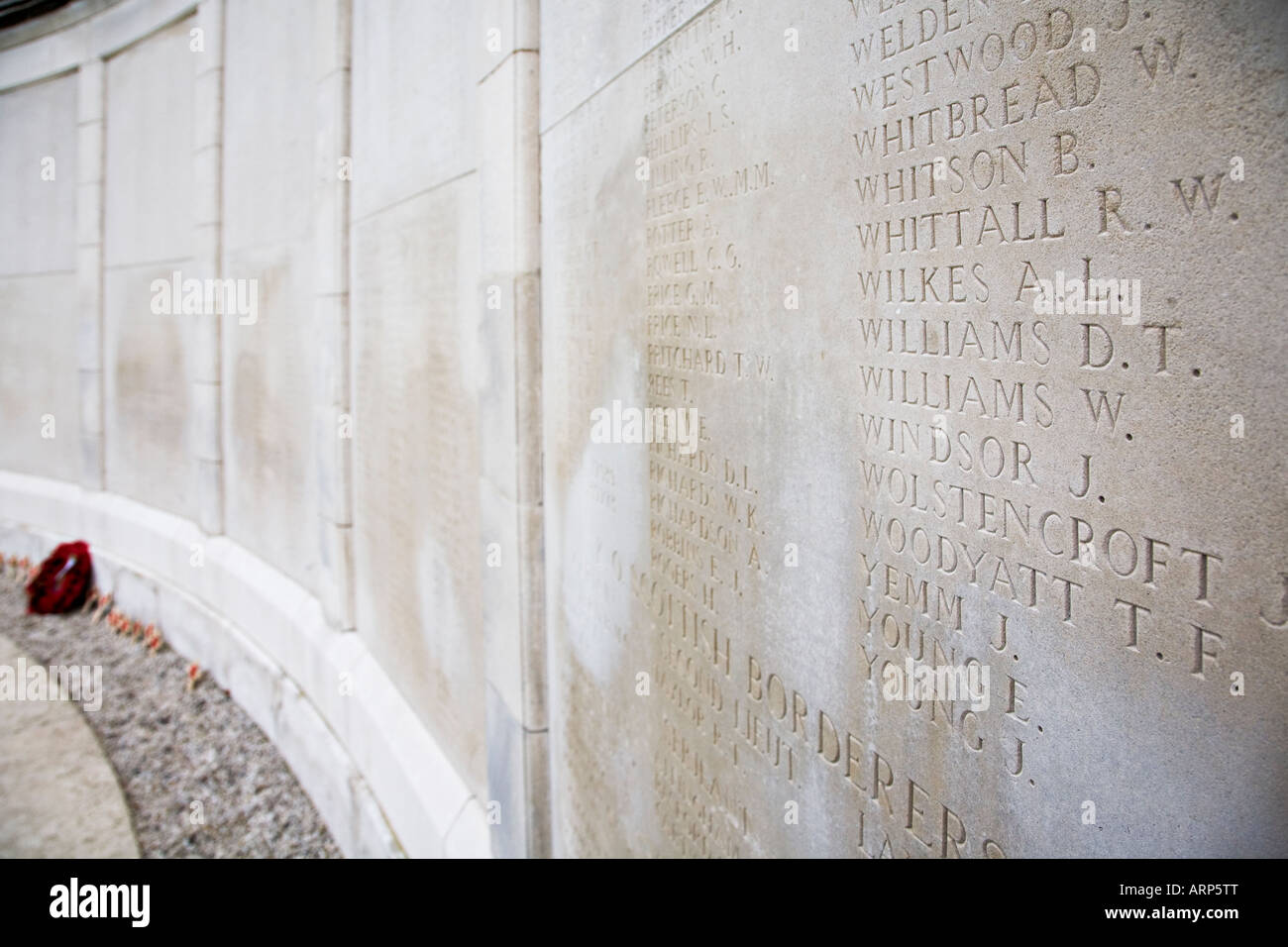 Names of war dead inscribed at Tyne Cot British War Memorial cemetery Belgium Stock Photo