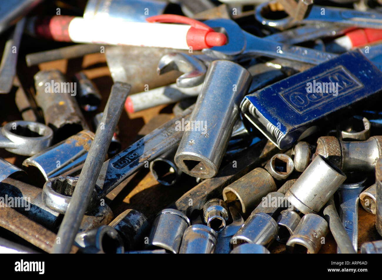 Hand tools for sale at flea tag market some new and some used old and cheap for machinists Stock Photo