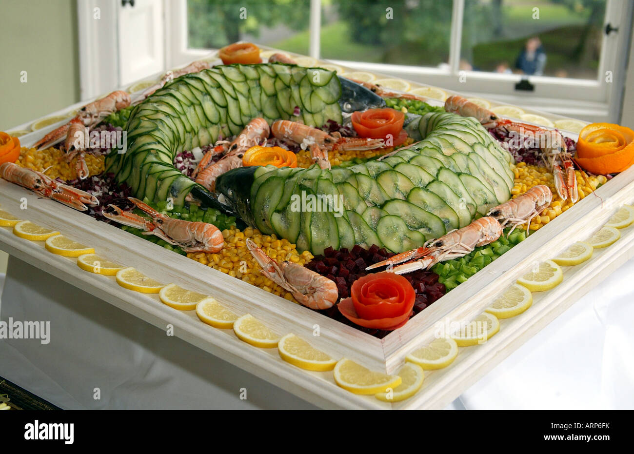 A Pair of dressed Salmon fish with prawns Stock Photo Alamy