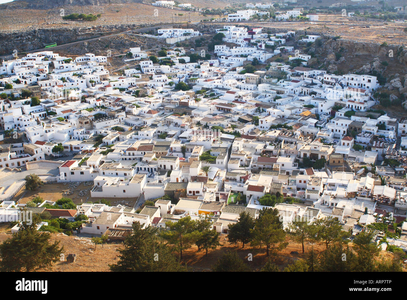 View down from the Acropolis of the small town of Lindos rhodes Greece Stock Photo