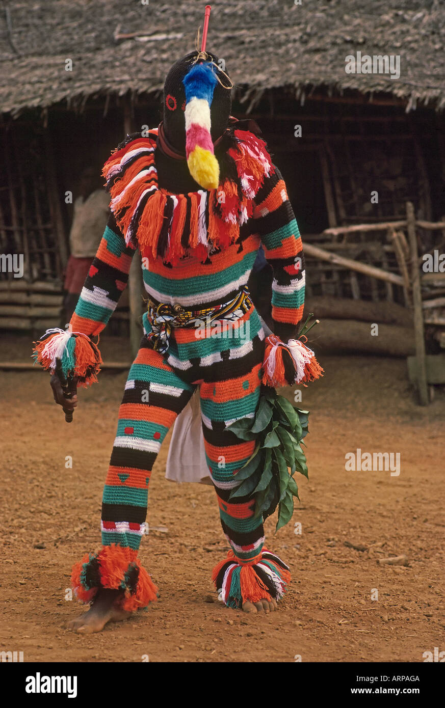 JU JU man wearing a complete body mask Leopard cult  masqureader in rainforest village in Cameroon Stock Photo