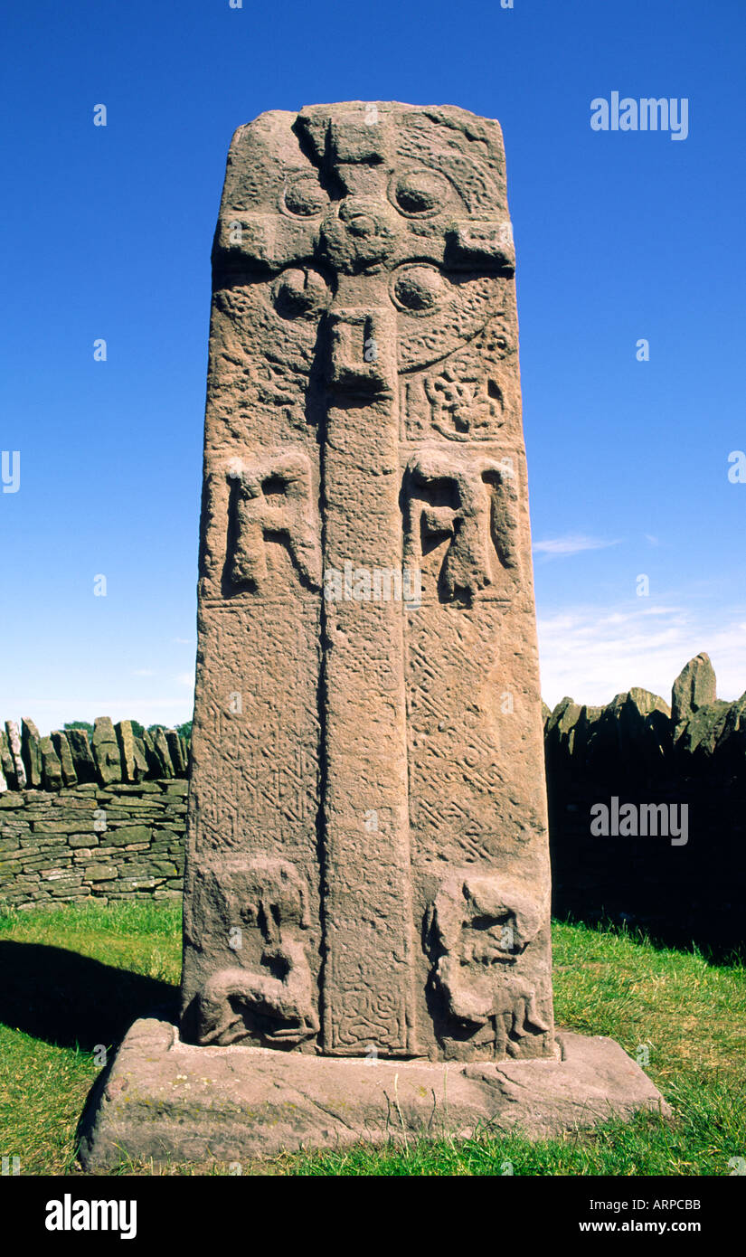 Celtic Pictish mediaeval Christian cross slab by the roadside near village of Aberlemno, Tayside, Scotland Stock Photo