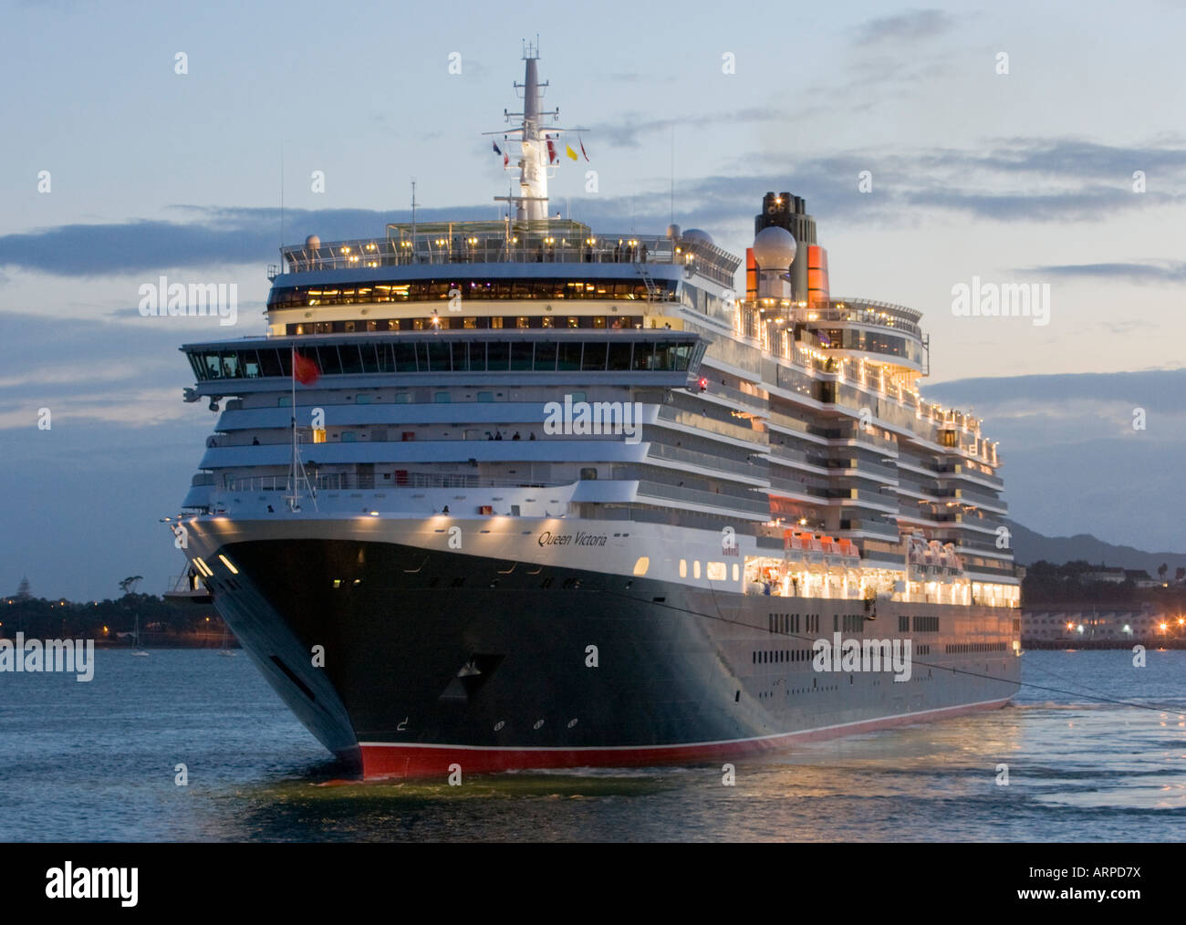 The cruise liner The Queen Victoria arrives in Auckland, New Zealand on her maiden voyage Stock Photo