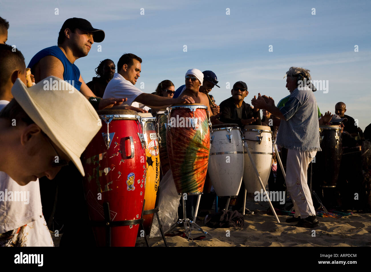 crowds gather around a drum circle Venice Beach California United States of America Stock Photo