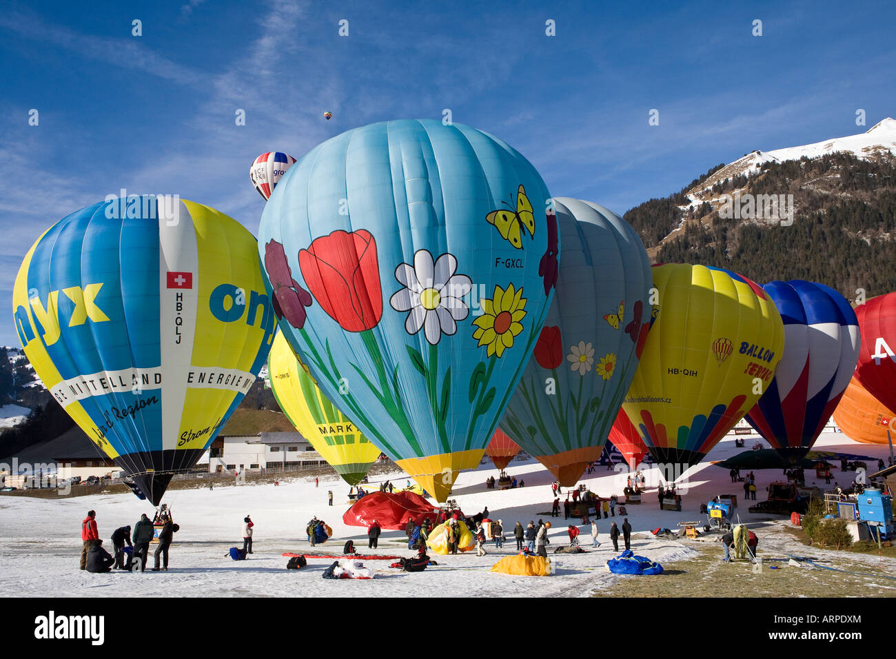 Hot Air Balloons Festival at Chateau d Oex Stock Photo